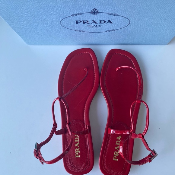 Prada NWT Red Leather Minimalist Ankle-Strap Sandals Size-8.5  “THE PRADA THONG - Picture 4 of 12